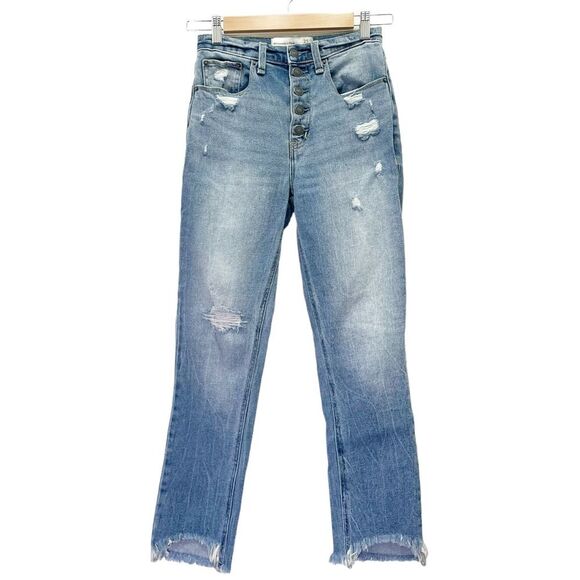 Abercrombie & Fitch A&F Mom Jean Button Fly Crop Medium Wash Raw Hem Size 25 | 0 - Picture 2 of 10